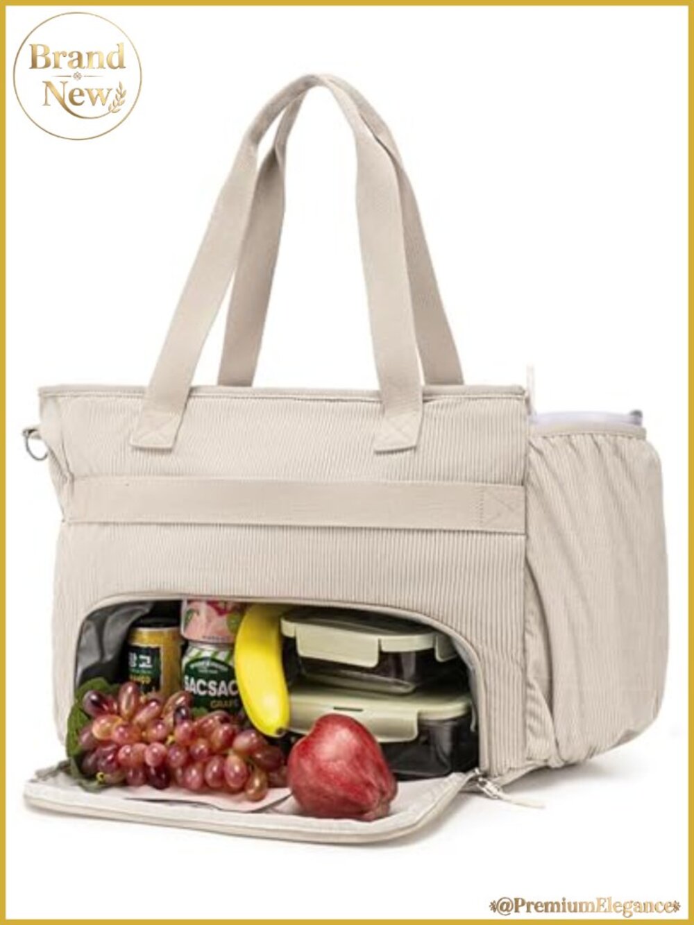 Corduroy Tote Bag with Insulated Lunch Compartment, 12 Pockets, 15.6 inch